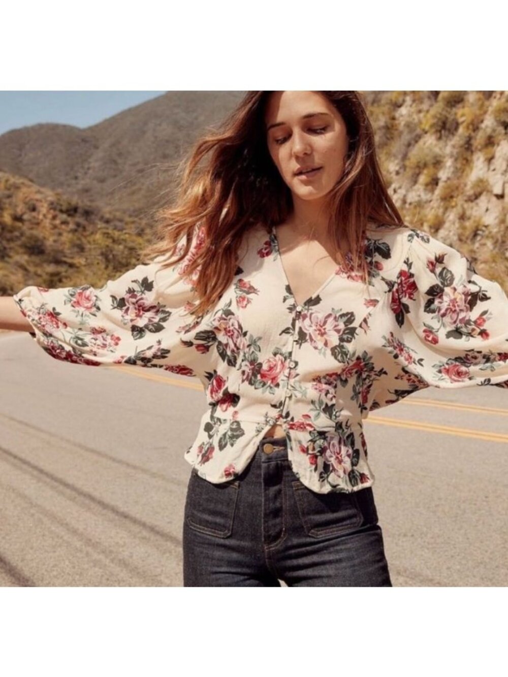 Christy Dawn Christy Dawn Emmy Top Floral V-Neck Blouse Puff Sleeves-sz Large